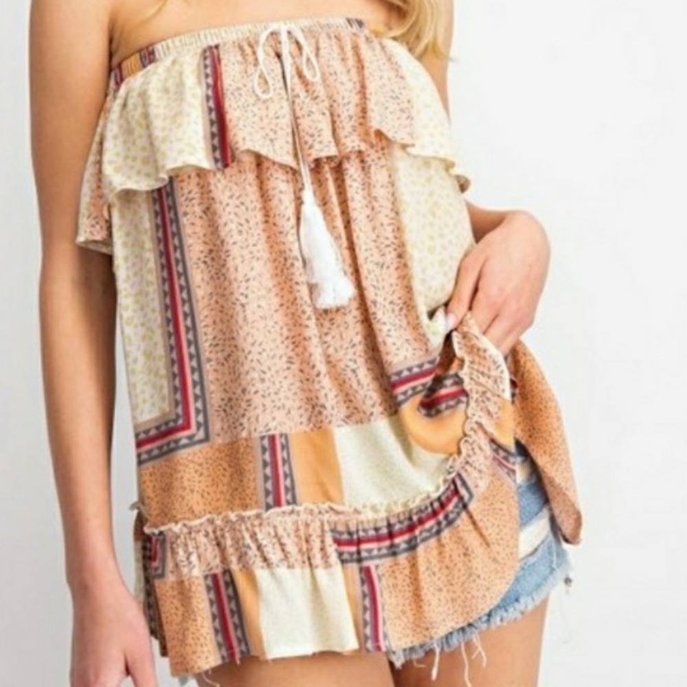 Boho Handkerchief Print Off-the-Shoulder Top - Picture 1 of 4